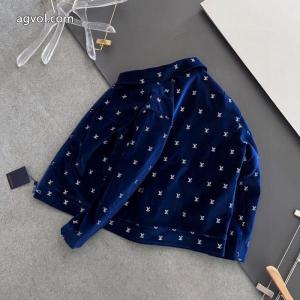 LOUIS VUITTON全幅パーマシルバーアルファベット刺繍柄紺色ベルベットジッパー薄手コットンジャケット