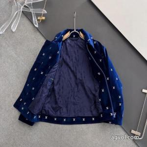 LOUIS VUITTON全幅パーマシルバーアルファベット刺繍柄紺色ベルベットジッパー薄手コットンジャケット