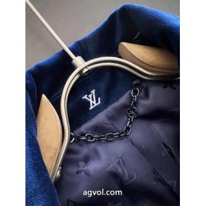 LOUIS VUITTON全幅パーマシルバーアルファベット刺繍柄紺色ベルベットジッパー薄手コットンジャケット