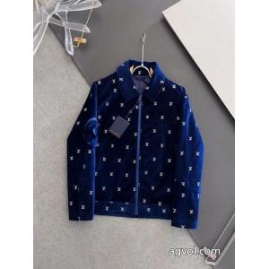 LOUIS VUITTON全幅パーマシルバーアルファベット刺繍柄紺色ベルベットジッパー薄手コットンジャケット