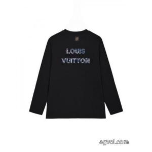 Louis Vuitton背中胸のカラー雲に布刺繍ジャカードアルファベットロゴ男女同型ヘッダー丸首長袖Tシャツ