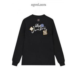 Louis Vuittonロバ家前後のフラワー重工刺繍アルファベットロゴ男女同型長袖Tシャツ