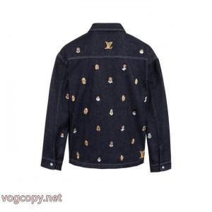 LOUIS VUITTON SS 24フィトン連名シリーズアルファベット柄刺繍シングルバックル開襟ゆったりカジュアルデニムジャケット
