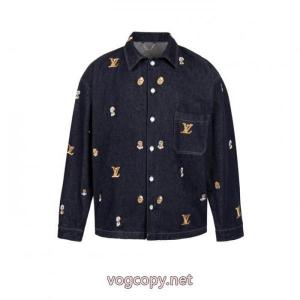 LOUIS VUITTON SS 24フィトン連名シリーズアルファベット柄刺繍シングルバックル開襟ゆったりカジュアルデニムジャケット