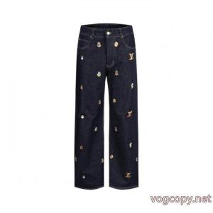 LOUIS VUITTON SS 24フィトン連名シリーズアルファベット柄刺繍シングルバックル開襟カジュアルジーンズ