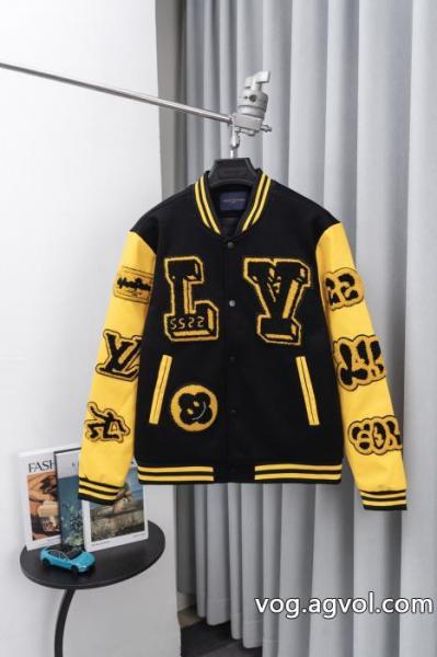 Louis Vuitton古花パッチワークレザースリーブタオル刺繍野球ウェアウールジャケット 0