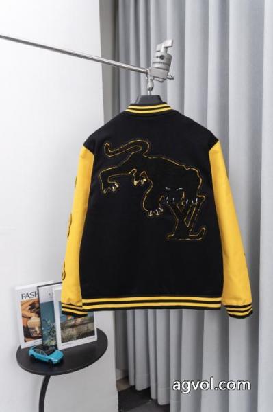 Louis Vuitton古花パッチワークレザースリーブタオル刺繍野球ウェアウールジャケット 2