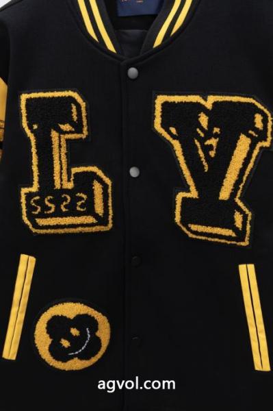 Louis Vuitton古花パッチワークレザースリーブタオル刺繍野球ウェアウールジャケット 4