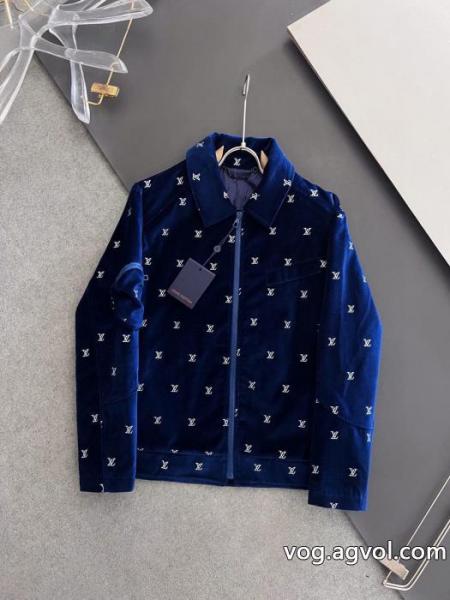 LOUIS VUITTON全幅パーマシルバーアルファベット刺繍柄紺色ベルベットジッパー薄手コットンジャケット 0 