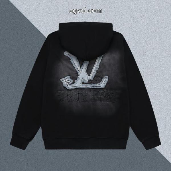 LV爆金定番重工業洗濯デニム刺繍LOGO衛衣男女上着カバーヘッド衛衣 4