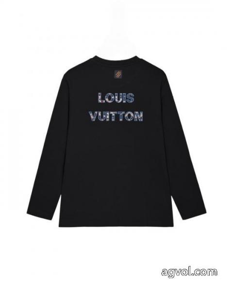 Louis Vuitton背中胸のカラー雲に布刺繍ジャカードアルファベットロゴ男女同型ヘッダー丸首長袖Tシャツ 3