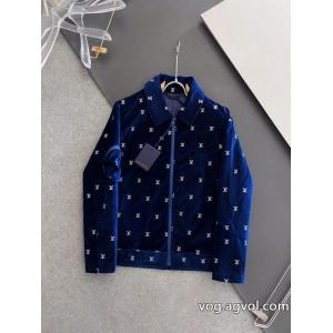 LOUIS VUITTON全幅パーマシルバーアルファベット刺繍柄紺色ベルベットジッパー薄手コットンジャケット