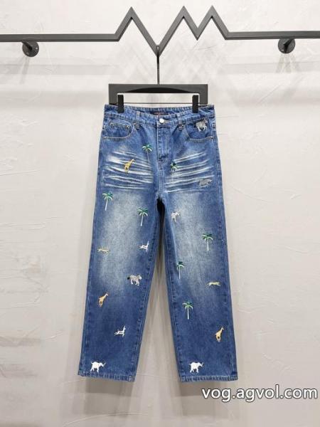 LOUIS VUITTON動物風景ロゴ柄刺繍ストレートジーンズ 0 