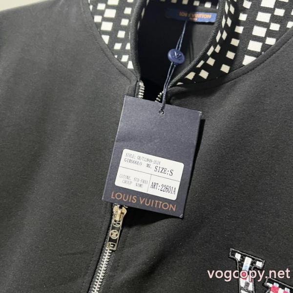 LOUISVUITTONチェッカースタンドカラーパッチワーク眩しいアルファベット刺繍コート 2