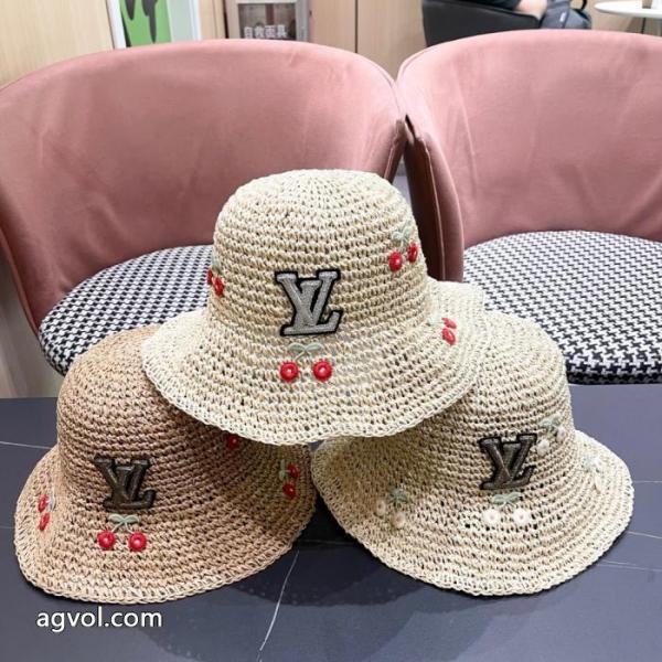 Lv 2025新型かわいいサクランボの草編み日除け漁師帽麦わら帽子 1