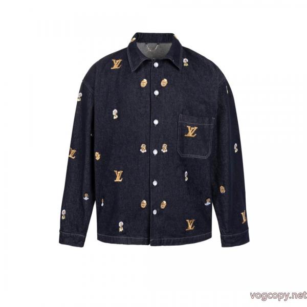 LOUIS VUITTON SS 24フィトン連名シリーズアルファベット柄刺繍シングルバックル開襟ゆったりカジュアルデニムジャケット 0 