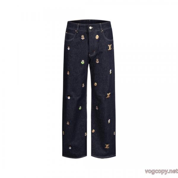 LOUIS VUITTON SS 24フィトン連名シリーズアルファベット柄刺繍シングルバックル開襟カジュアルジーンズ 0 