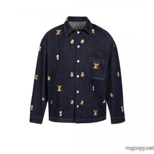 LOUIS VUITTON SS 24フィトン連名シリーズアルファベット柄刺繍シングルバックル開襟ゆったりカジュアルデニムジャケット